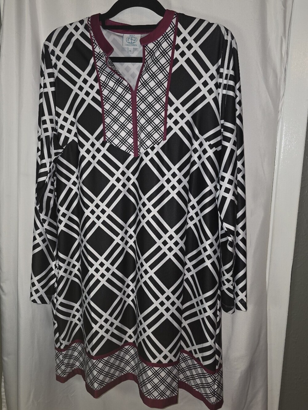 Tracy Negoshian Brenda Dress Squared Geo Blk Tunic Shift Long Sleeve XL